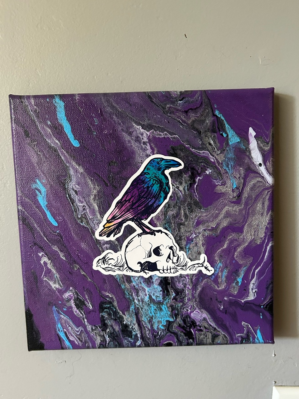 Original Raven on Skull Acrylic Pour  Painting “The Raven” 8x8